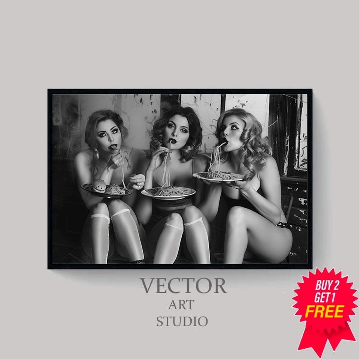 Three Retro Pin-Up Style Girls Eating Spaghetti Photo Poster - Image 4
