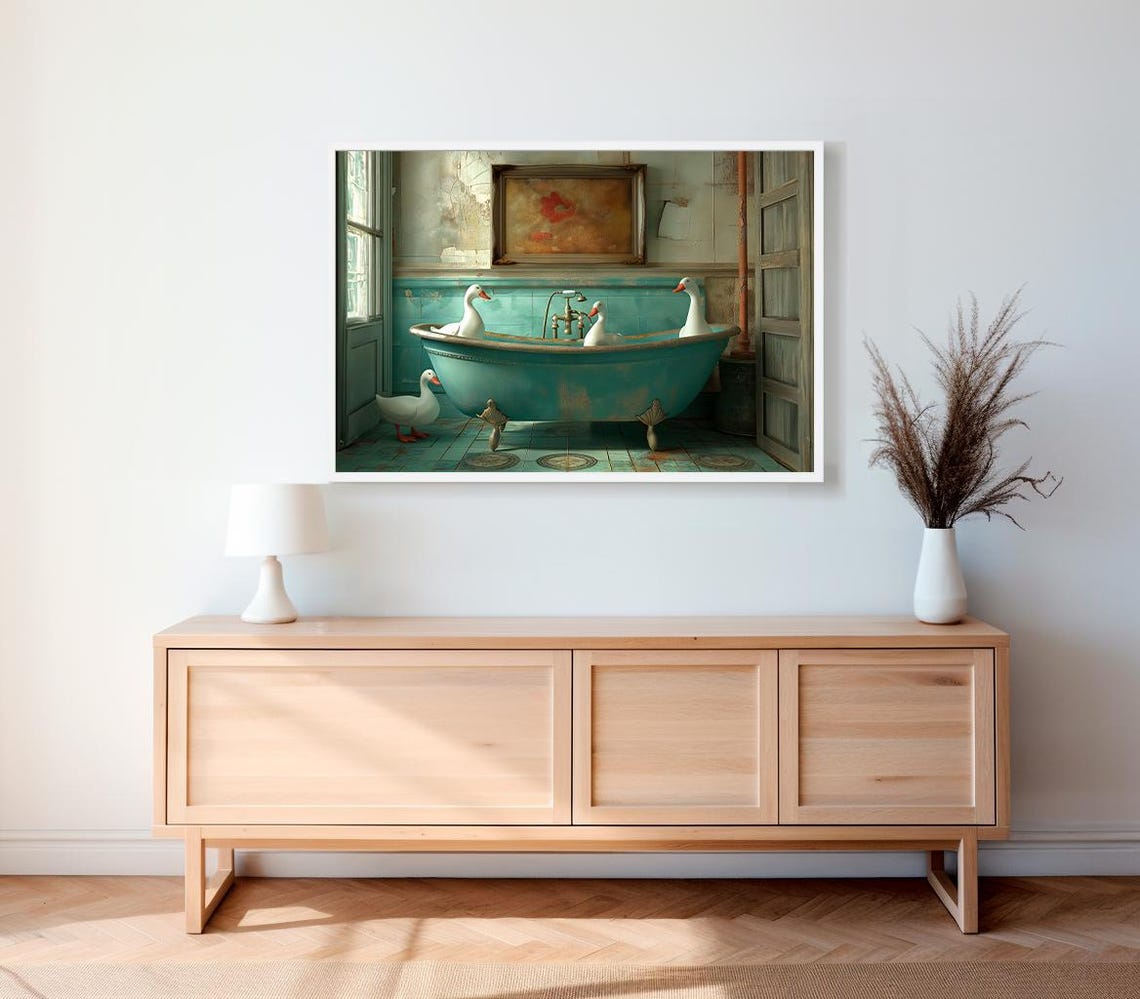 Three White Geese In Teal Bathtub Funny Bathroom Decor Poster - Image 2