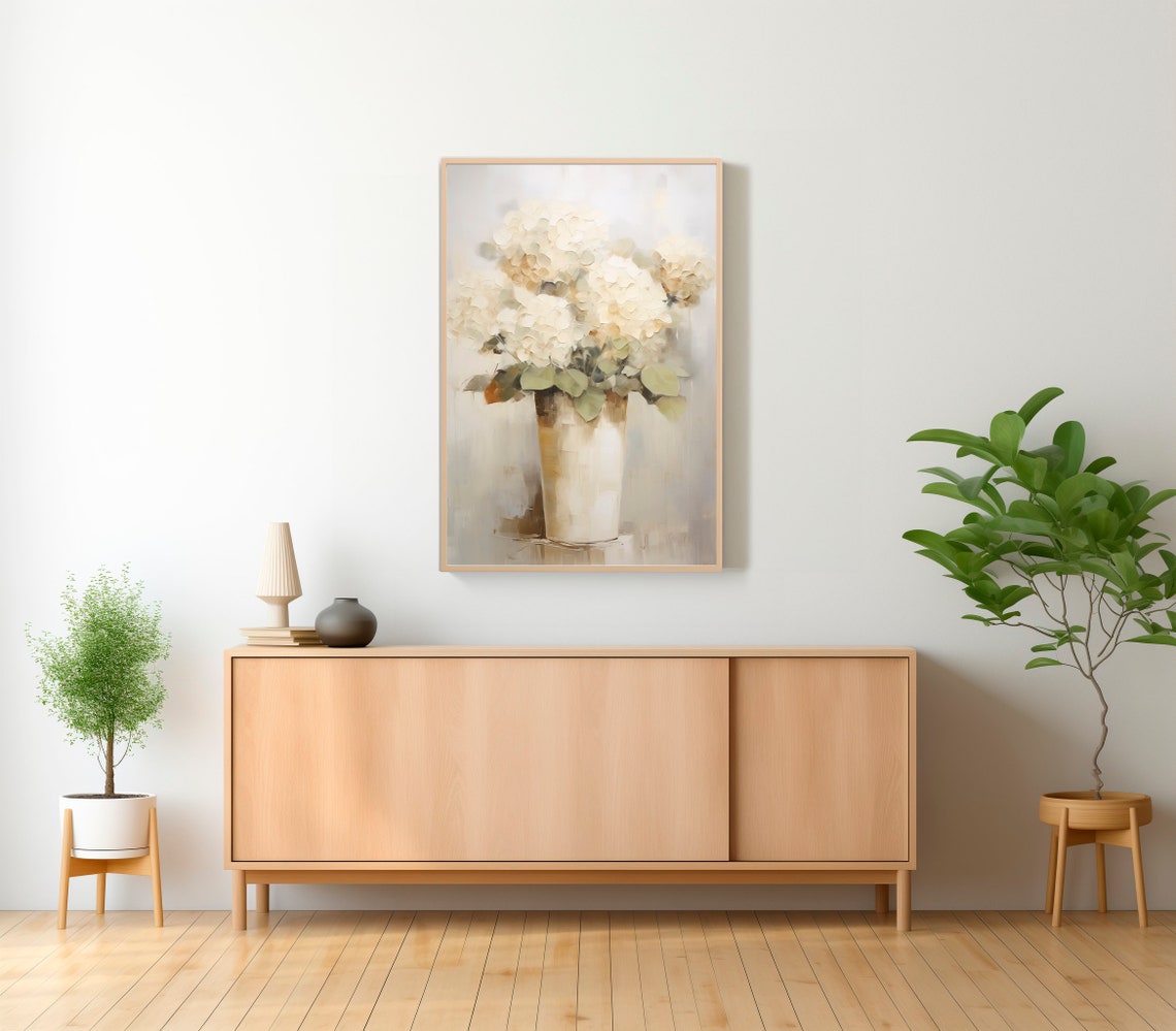 Bright White Hydrangeas in a Tall Cream Vase Soft Floral Poster - Image 2
