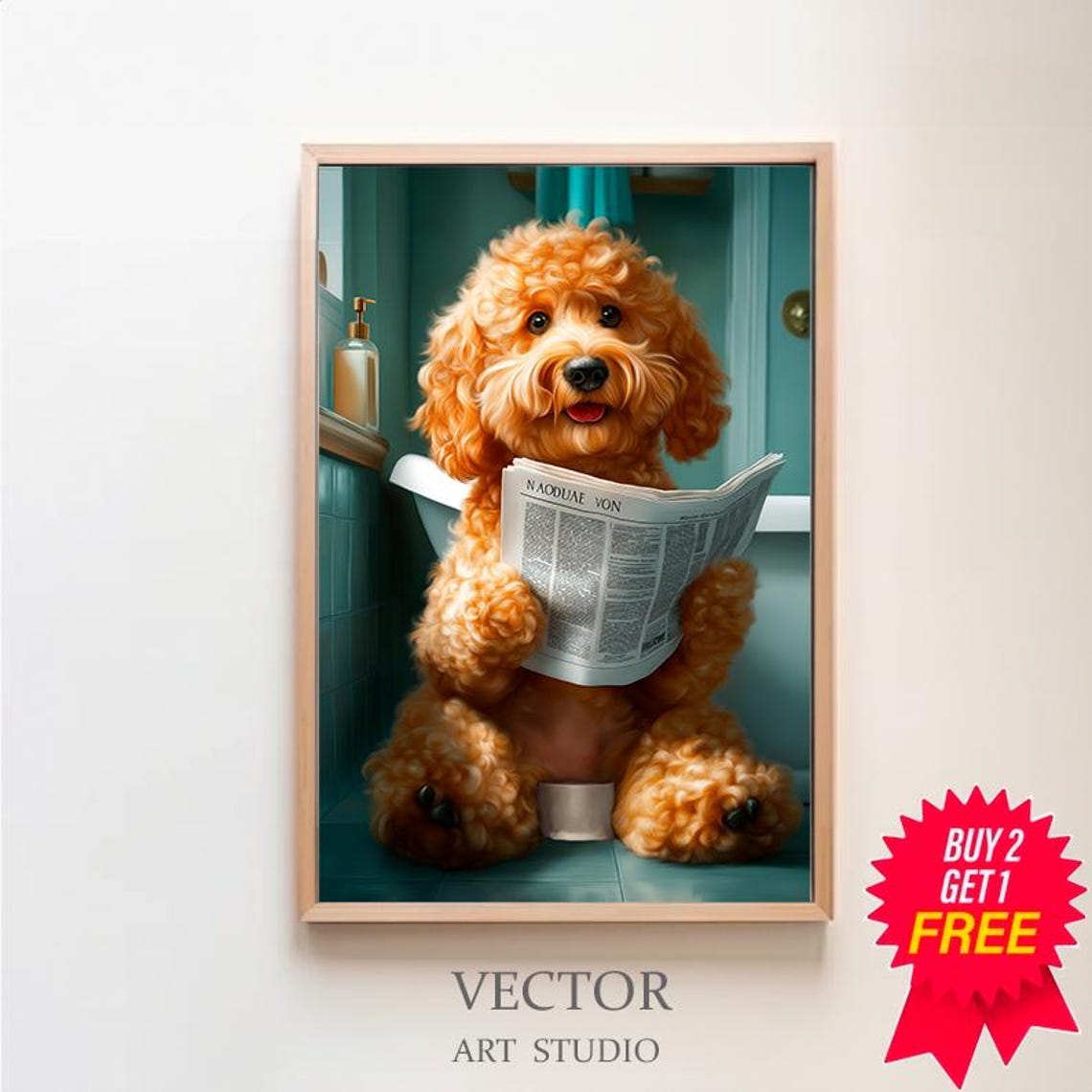 Happy Smiling Cockapoo Reading Newspaper on Toilet Bathroom Poster