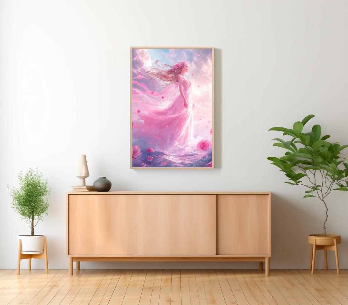 Aphrodite Goddess in a Flowing Pink Gown Among Pink Roses Poster - Image 2