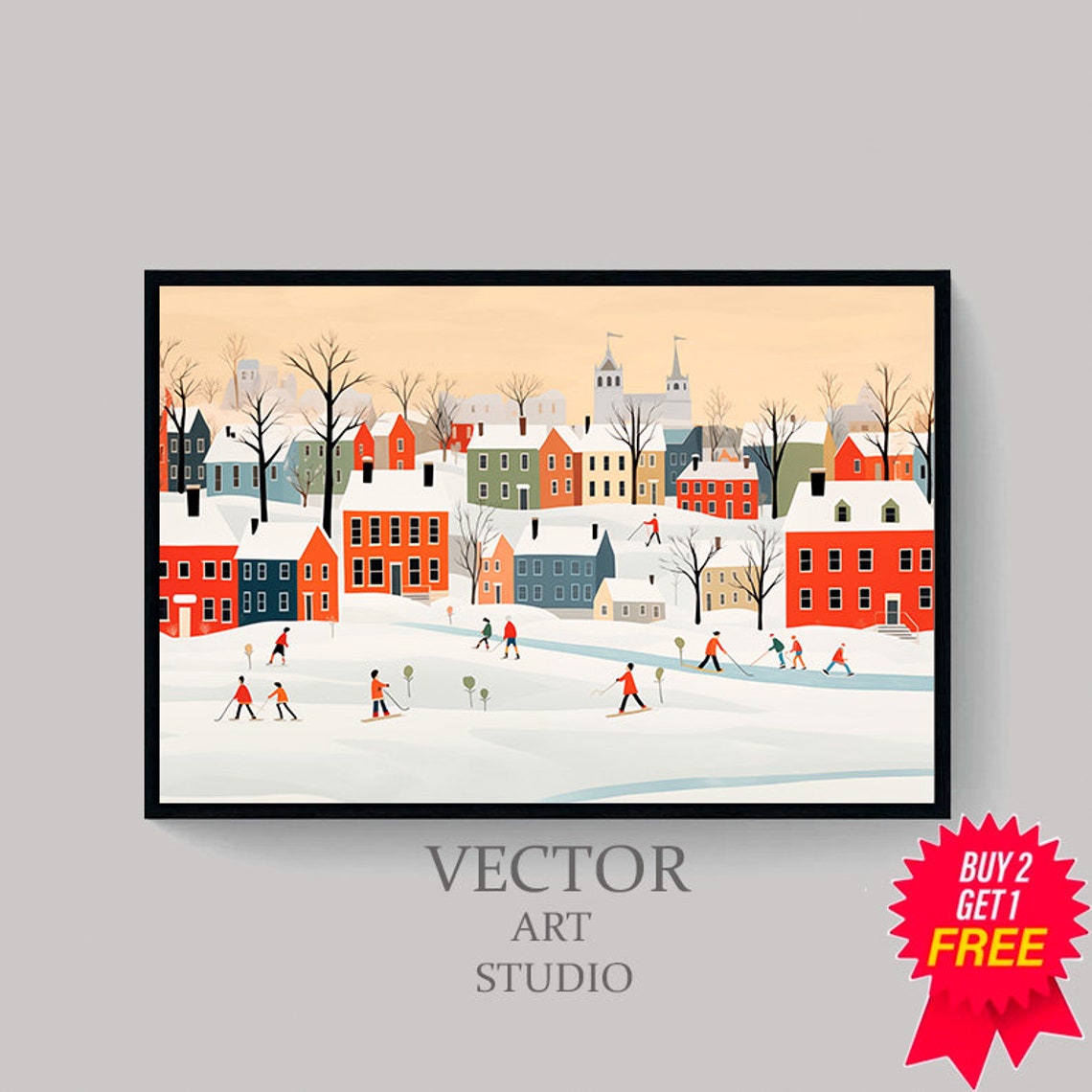 Modern Snowy Town Cross Country Skiers Flat Illustration Winter Poster - Image 4