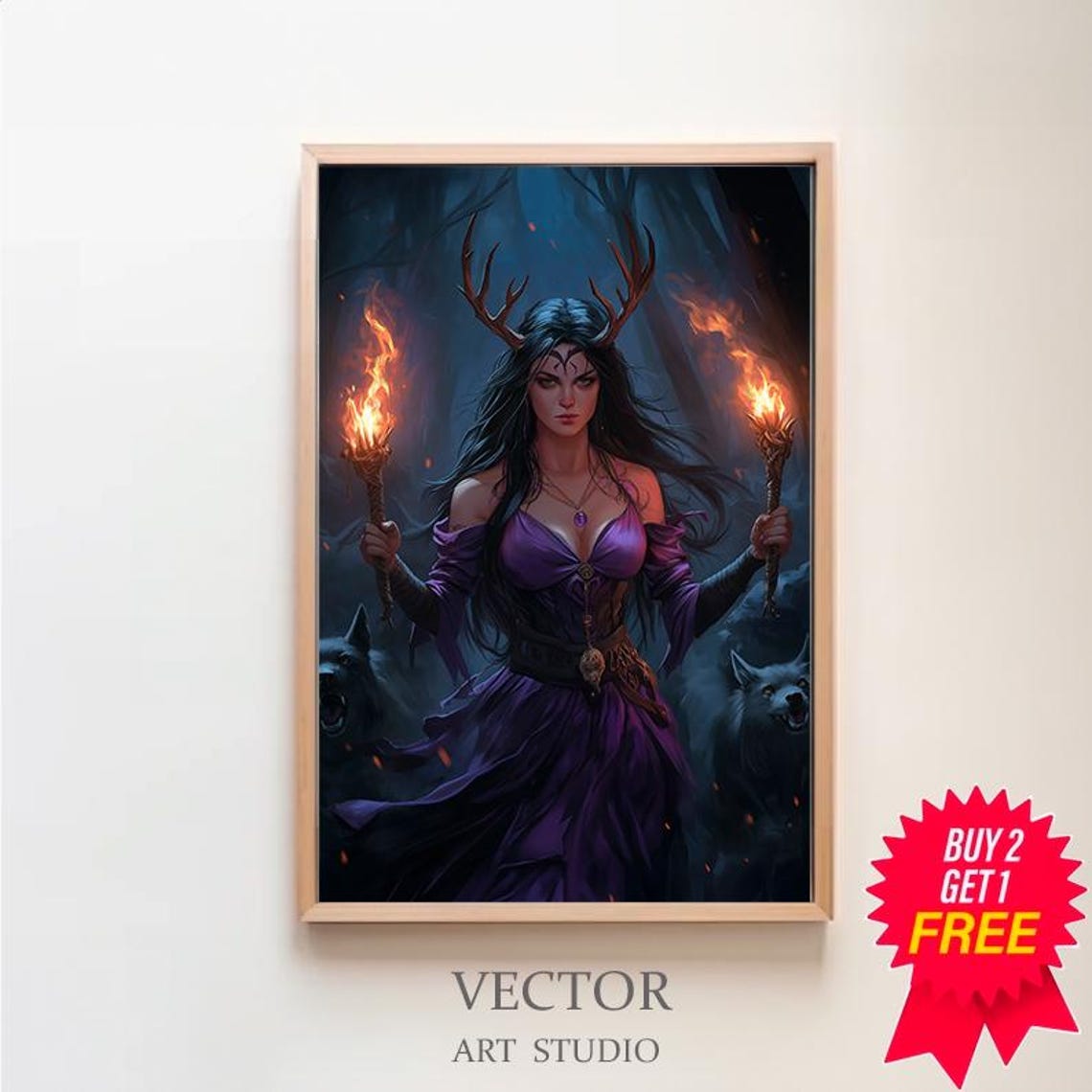 Dark Antlered Goddess Holding Two Flaming Torches at Night Poster