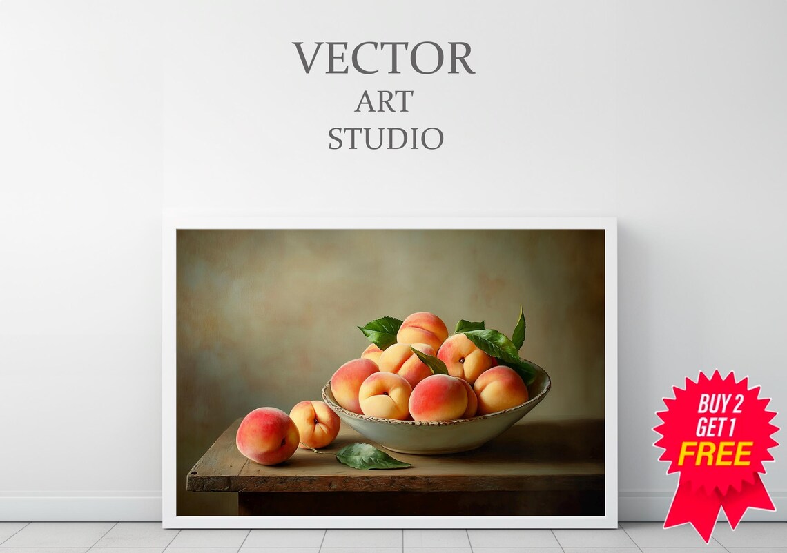 Moody Vintage Fruit Still Life Peaches Oil Painting Collection Tranquil Stillness By Artedya Wall Art - Image 3