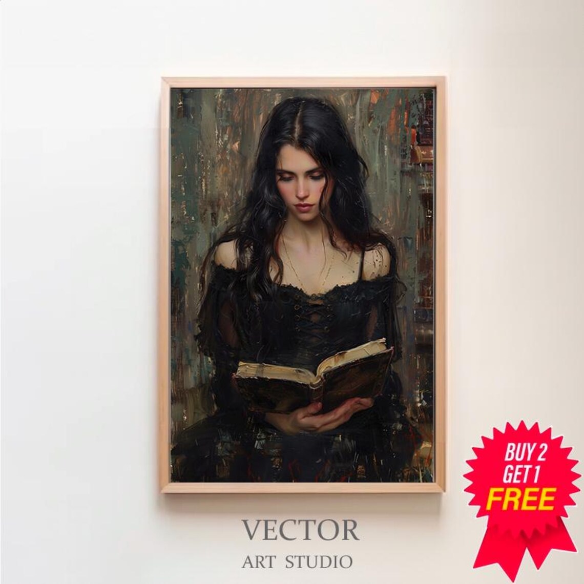 Moody Woman Reading Antique Book Dark Romantic Oil Art Print