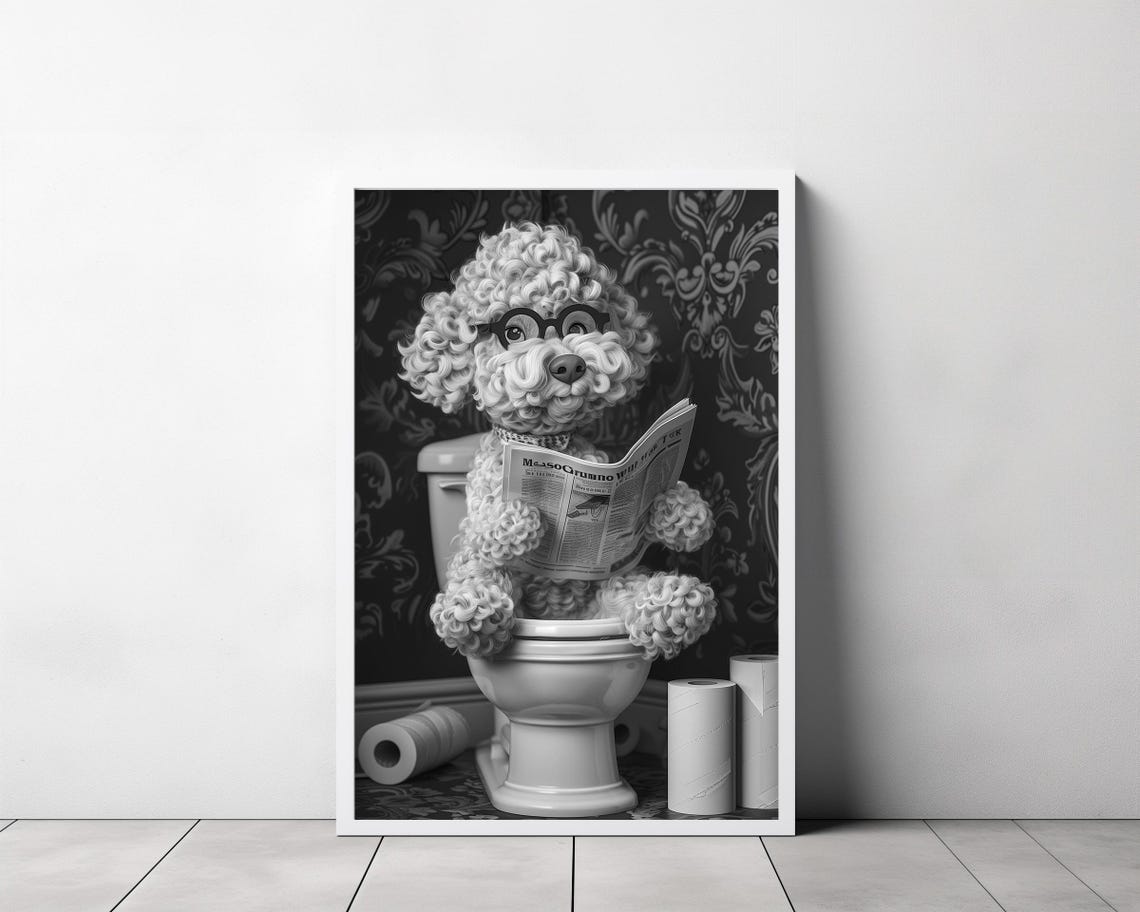 Funny Black and White Cockapoo Reading Newspaper on Toilet Poster - Image 3