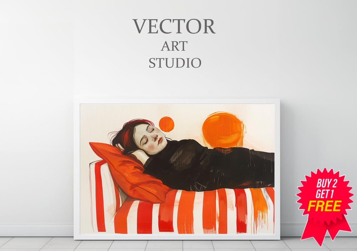Modern Woman Reclining on a Red Striped Sofa Under Orange Suns Poster - Image 3