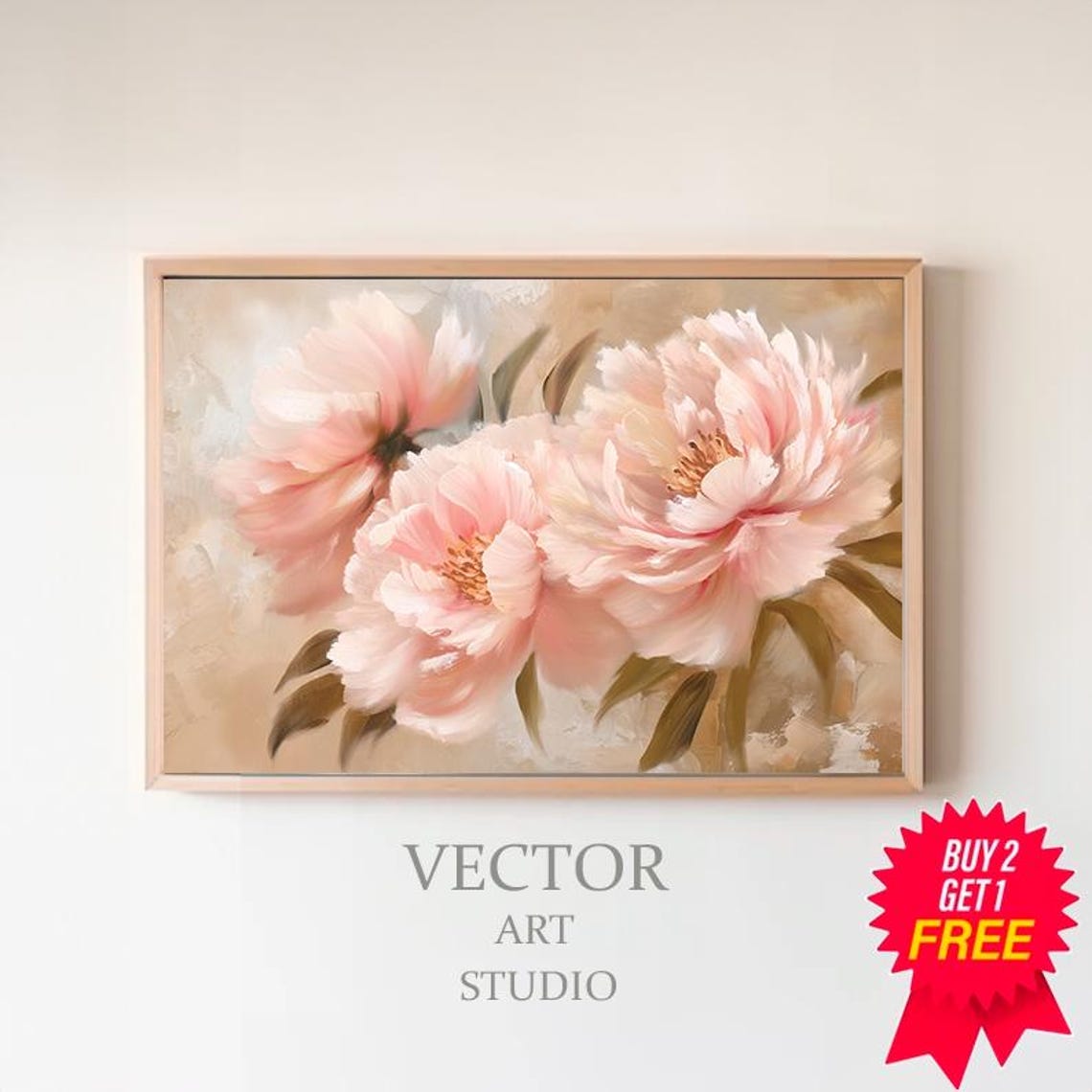 Soft Blush Pink Peonies Vintage Floral Oil Painting Wall Art