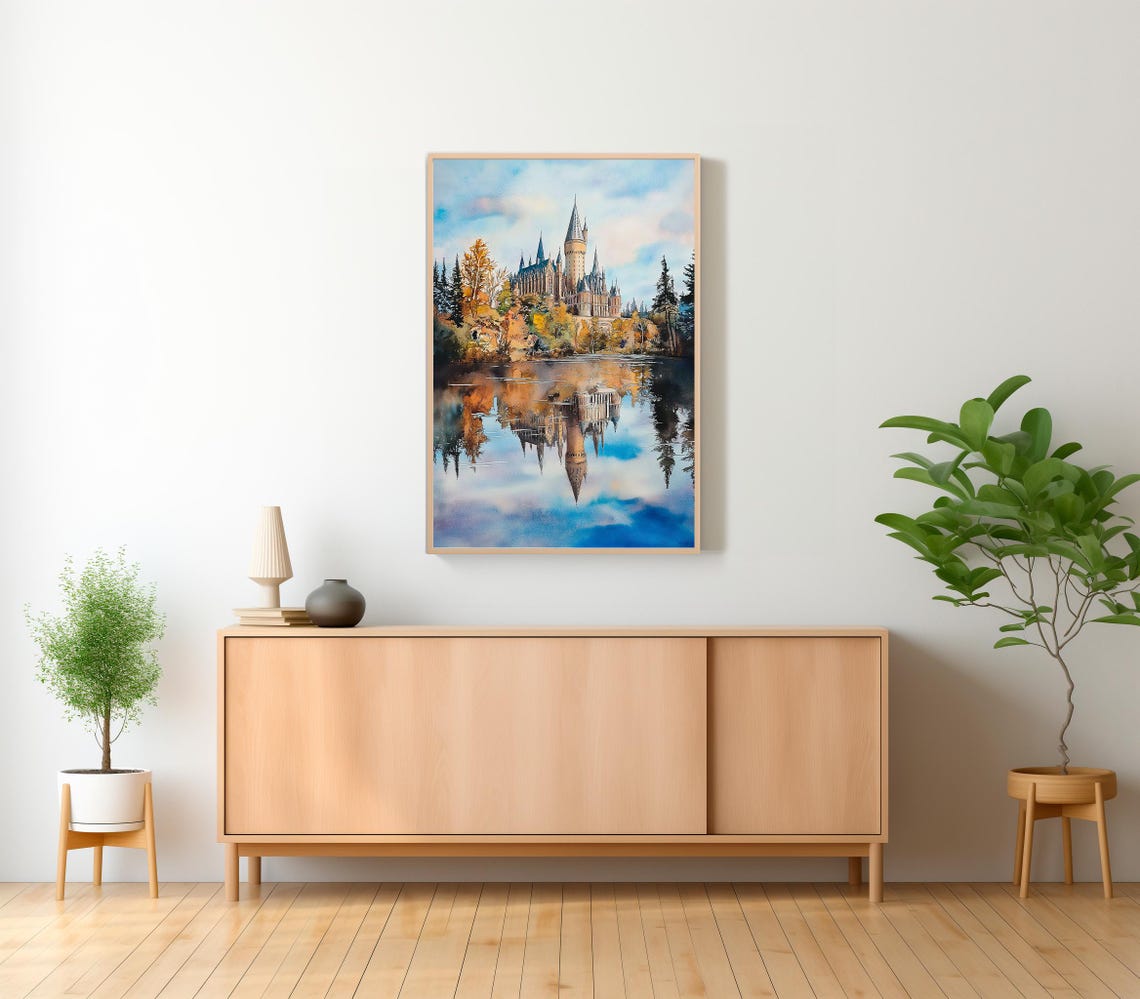 Magical Castle Summer Watercolour Charming Wizard Art Wizarding World Enthusiasts Witchcraft Great Lake At Spring Magical School Print - Image 2