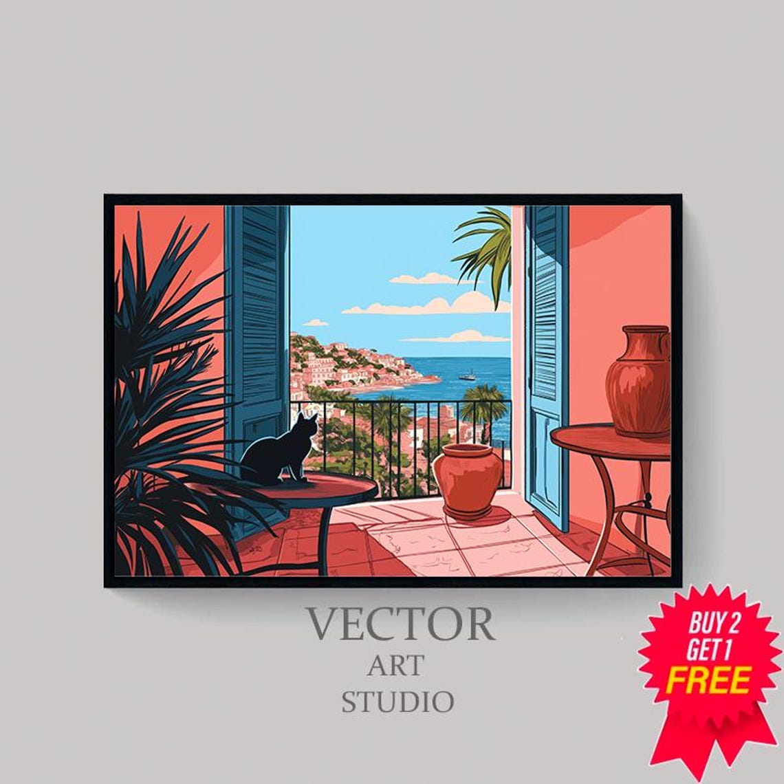 Mediterranean Terrace with Black Cat Coastal Town View Art Print - Image 4