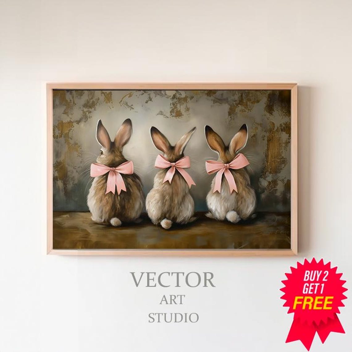 Three Cute Bunnies With Pink Bows Vintage Easter Bunny Art Poster