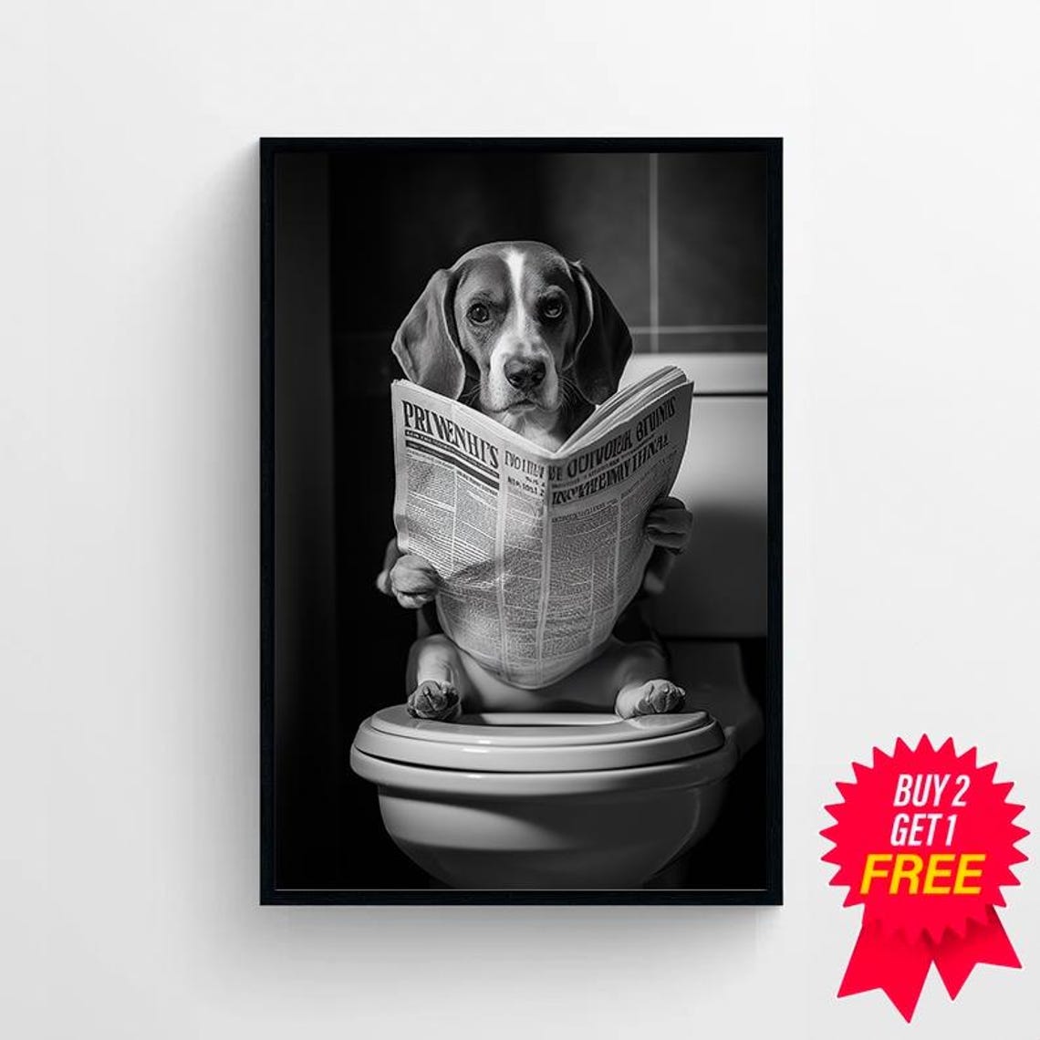Beagle Reading Newspaper on Toilet Funny Bathroom Animal Poster - Image 4
