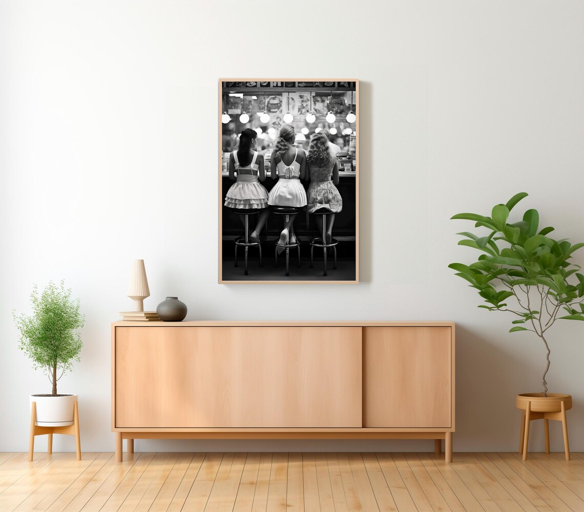 Women Drinking At Bar, Black-And-White Retro Art Print - Image 2