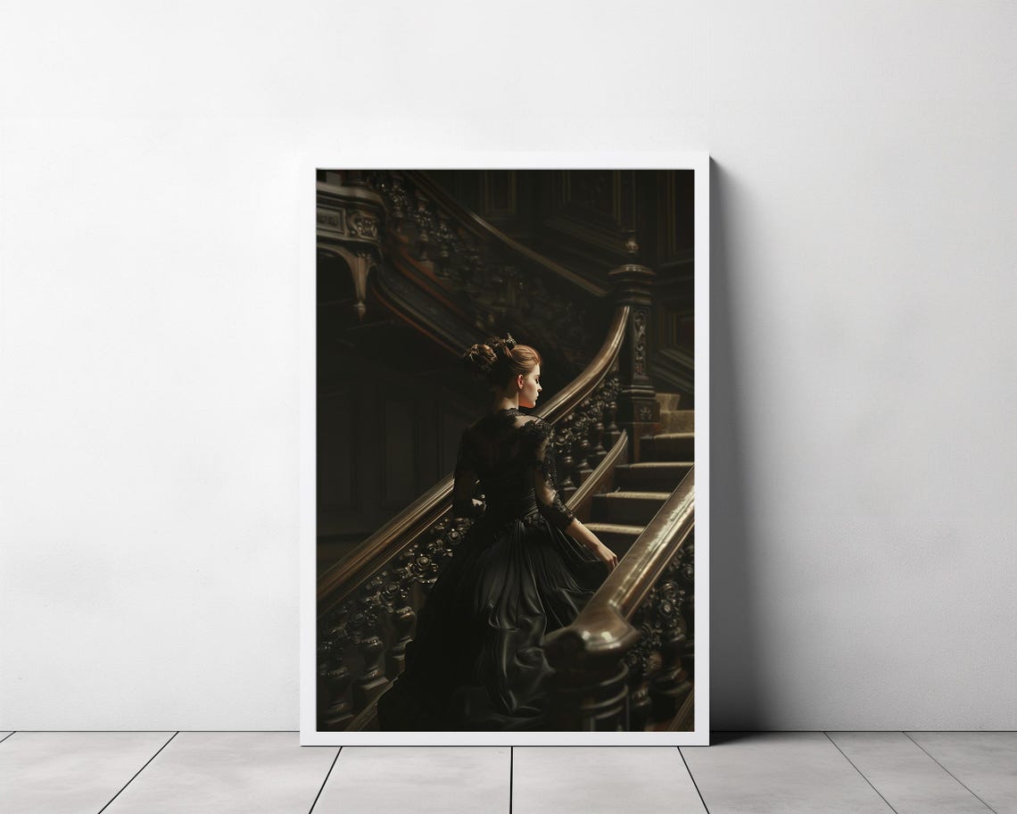 Victorian Lady in Black Gown Grand Dark Staircase Gothic Art Poster - Image 3