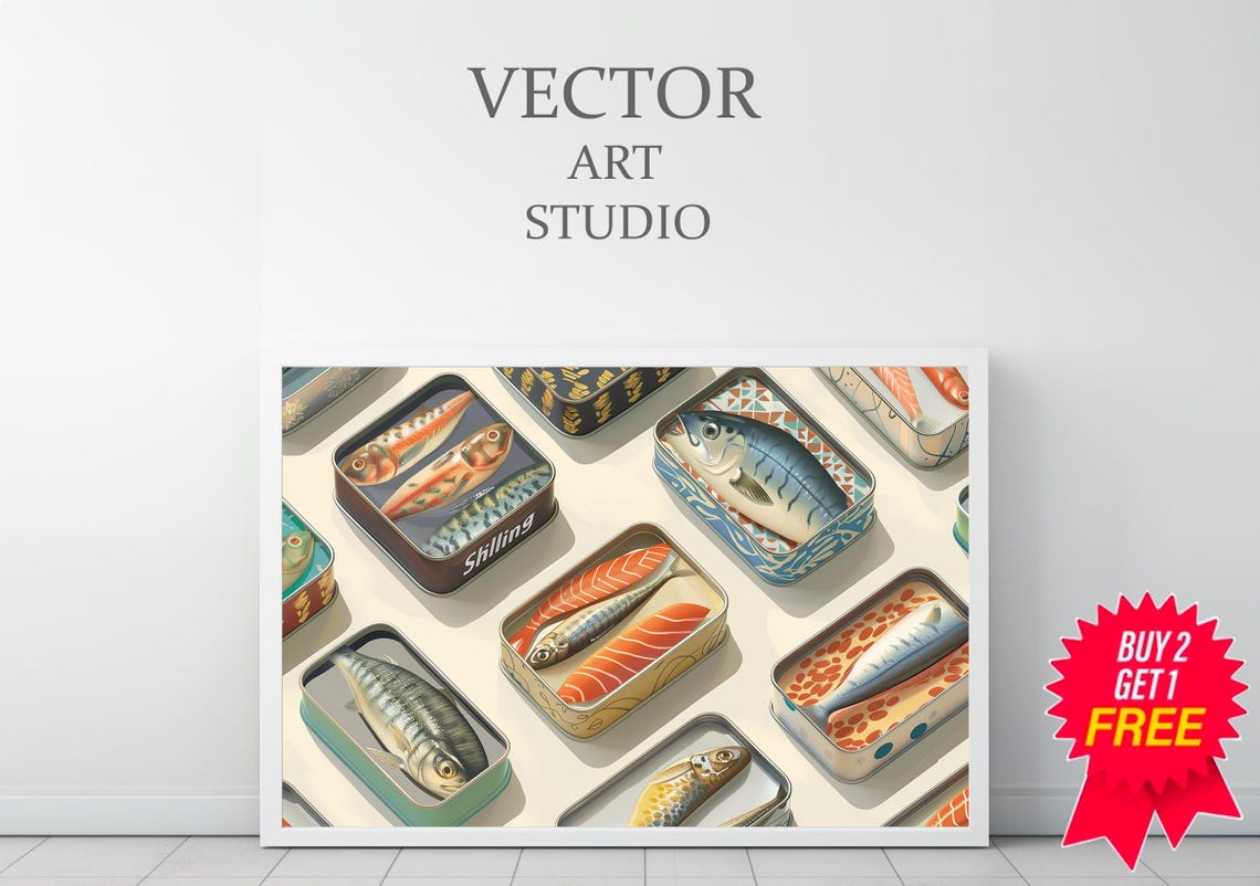 Vintage Sardine Tins Pattern Horizontal Retro Kitchen Decor Poster - Image 3