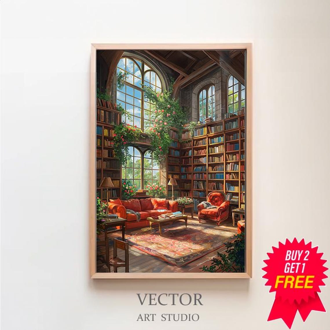 Grand Library Reading Nook with Sunlit Arched Windows Poster