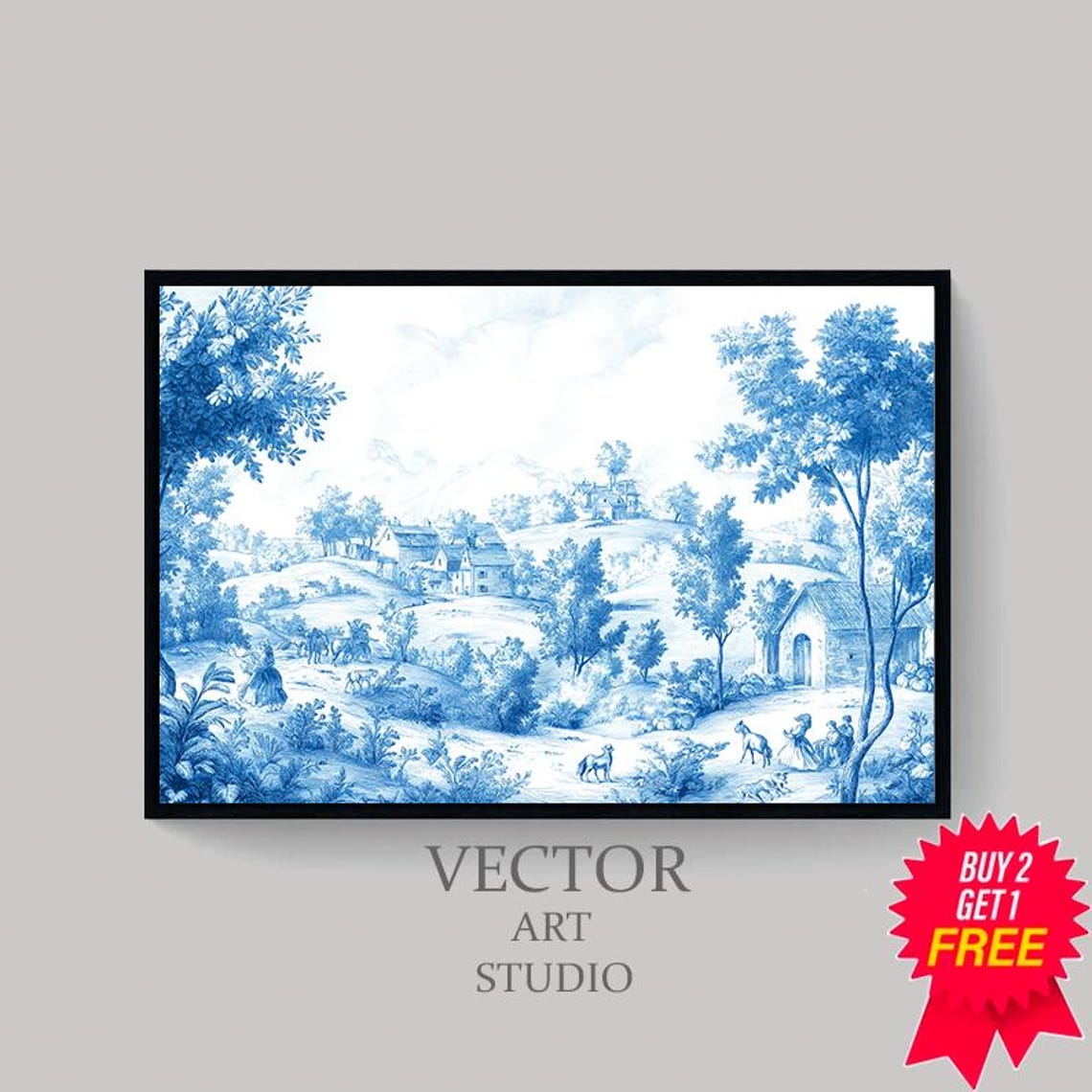 Blue And White Toile Chinoiserie Countryside Landscape Poster - Image 4