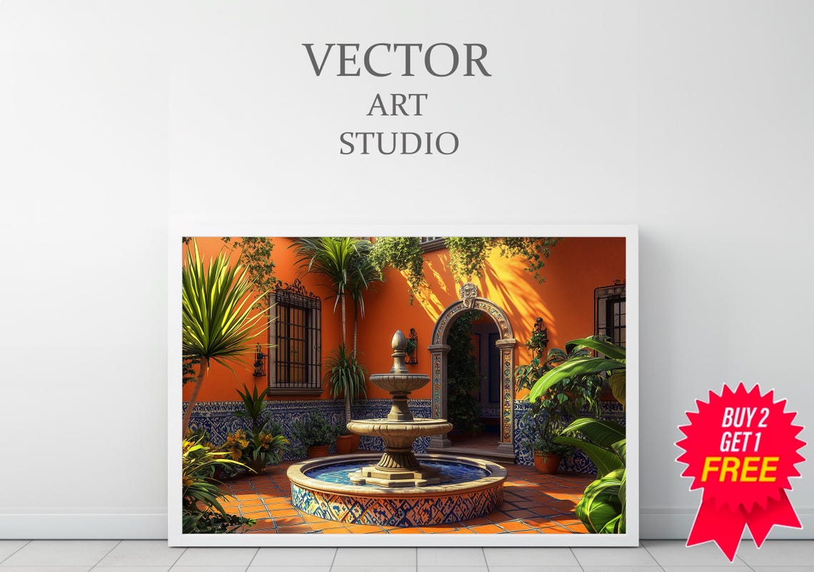 Sunlit Mexican Courtyard Mosaic Tile Fountain Garden Art Poster - Image 3