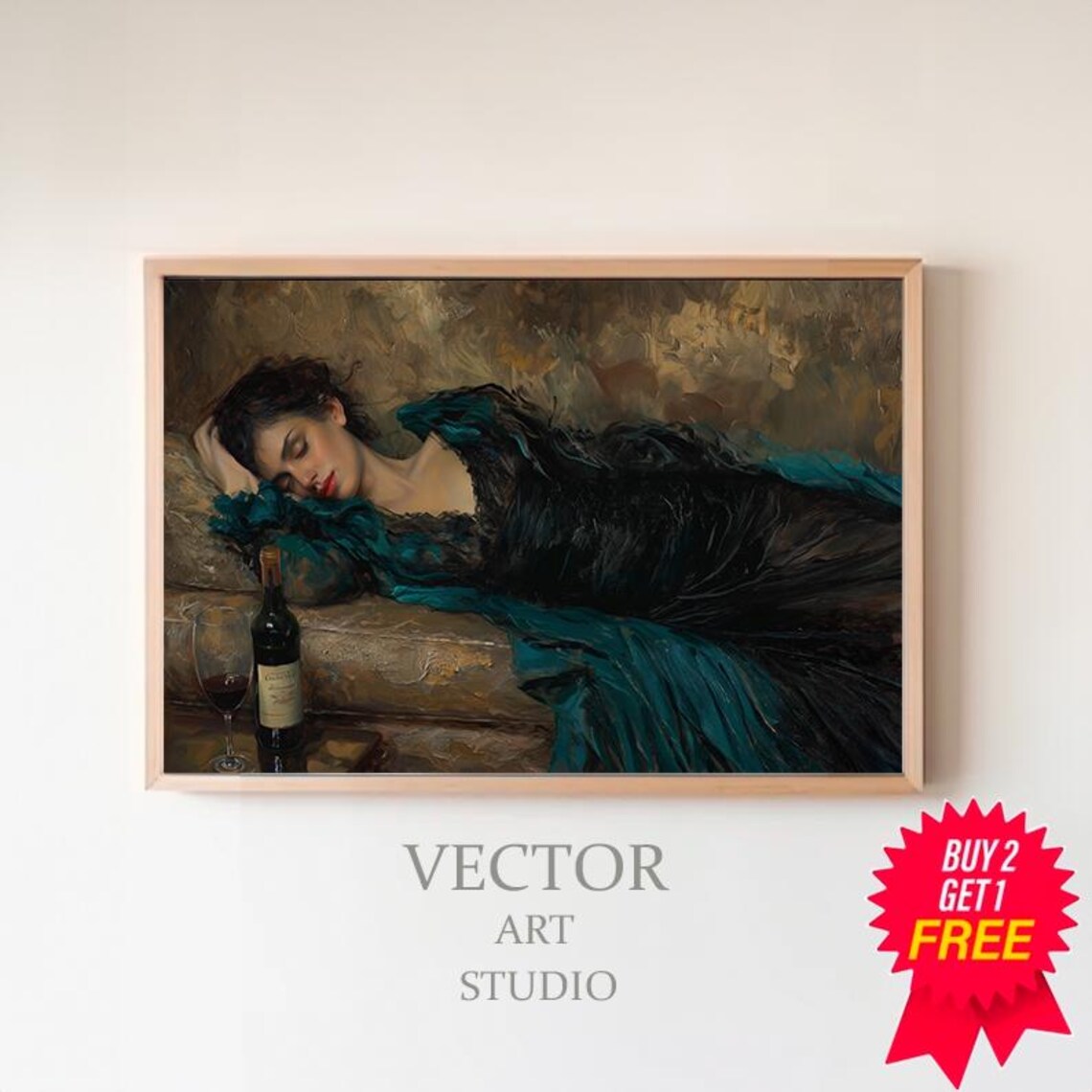 Victorian Woman Lying Down With Wine In A Teal Gown Vintage Oil Painting Poster