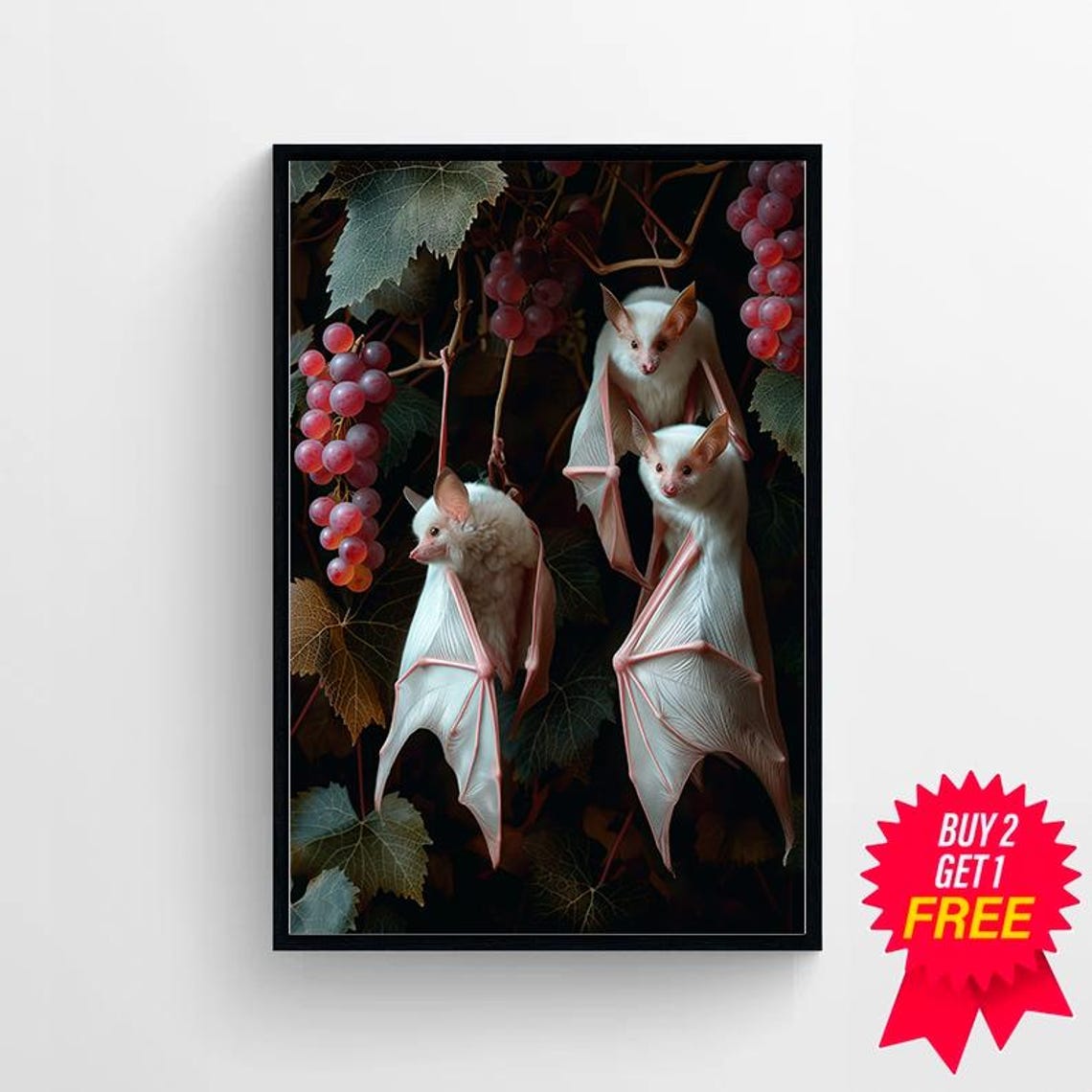 Three White Fruit Bats Among Grape Vines Dark Botanical Gothic Poster - Image 4