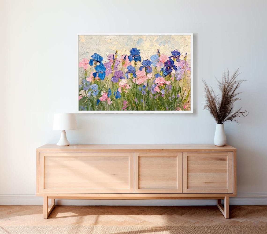 Blue And Pink Irises In Thick Impasto Spring Flower Art Poster - Image 2