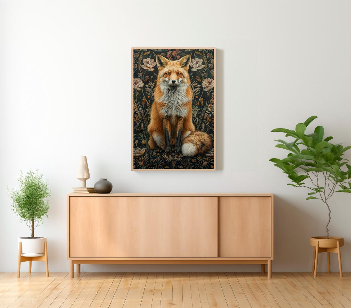 Red Fox Among Blush Roses on a Dark Moody Botanical Art Poster - Image 2