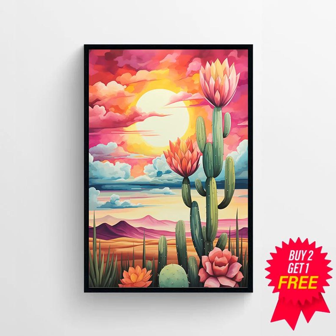 Vibrant Pink Sunset Desert with Blooming Saguaro Cactus Poster - Image 4