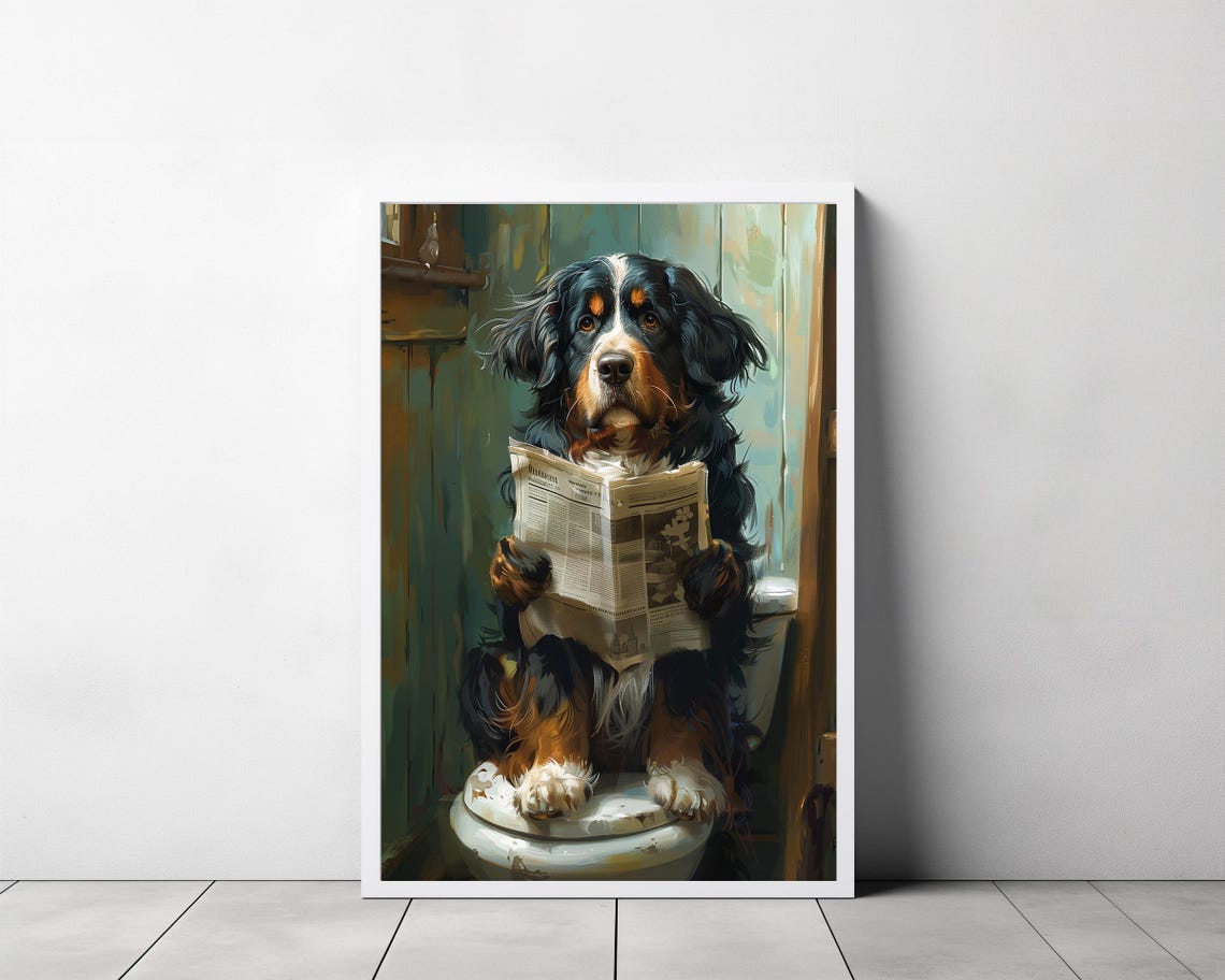 Funny Bernese Mountain Dog Reading Newspaper on Toilet Poster - Image 3