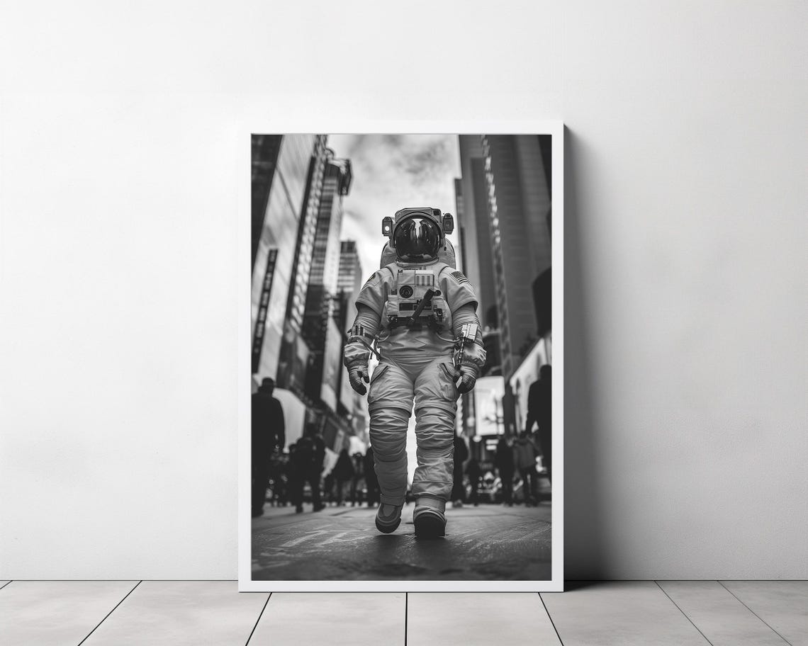Surreal Astronaut Strolling Through Downtown Skyscrapers Photo Poster - Image 3