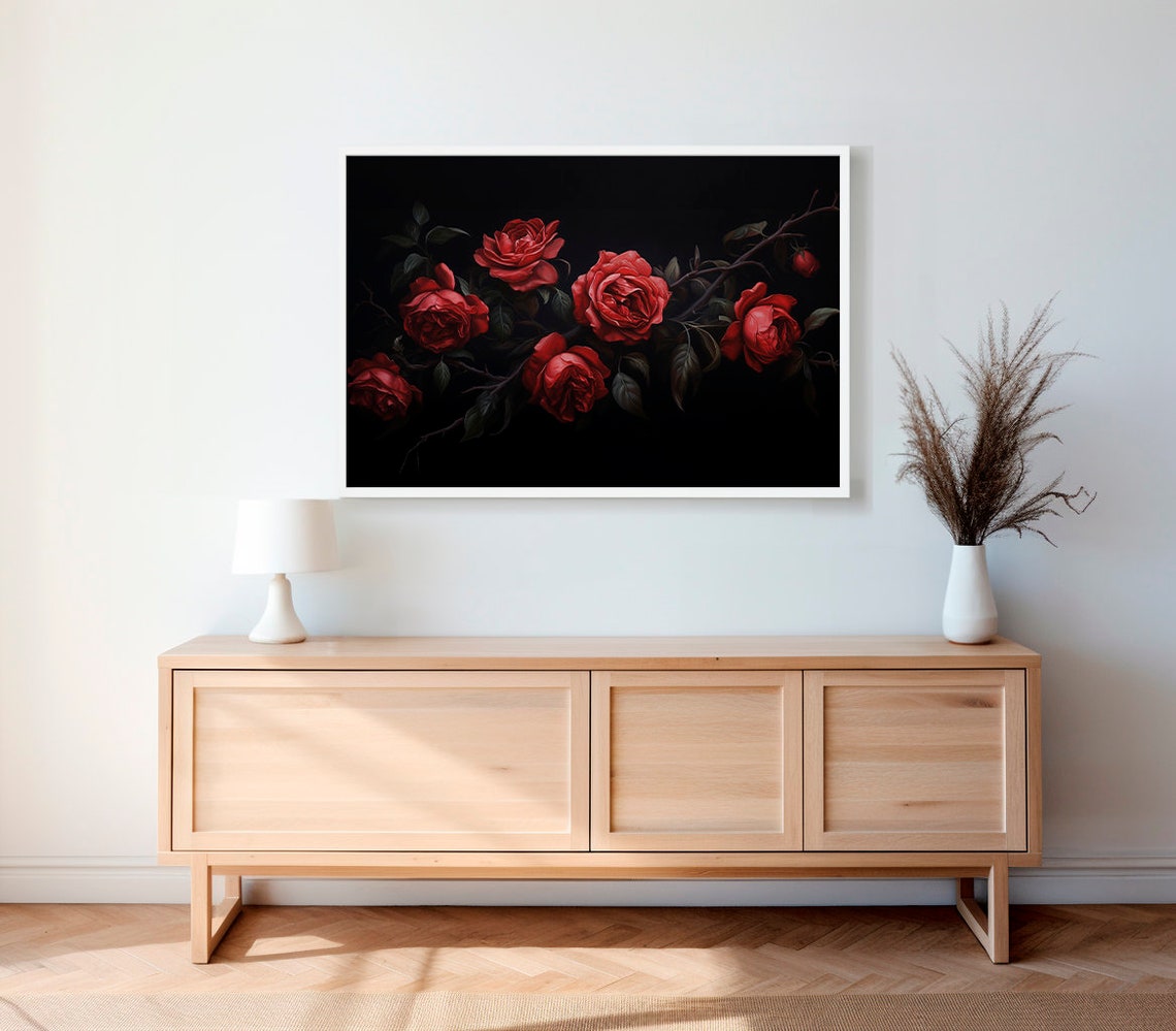 Dark Red Roses on Thorn Branch Moody Black Background Poster - Image 2