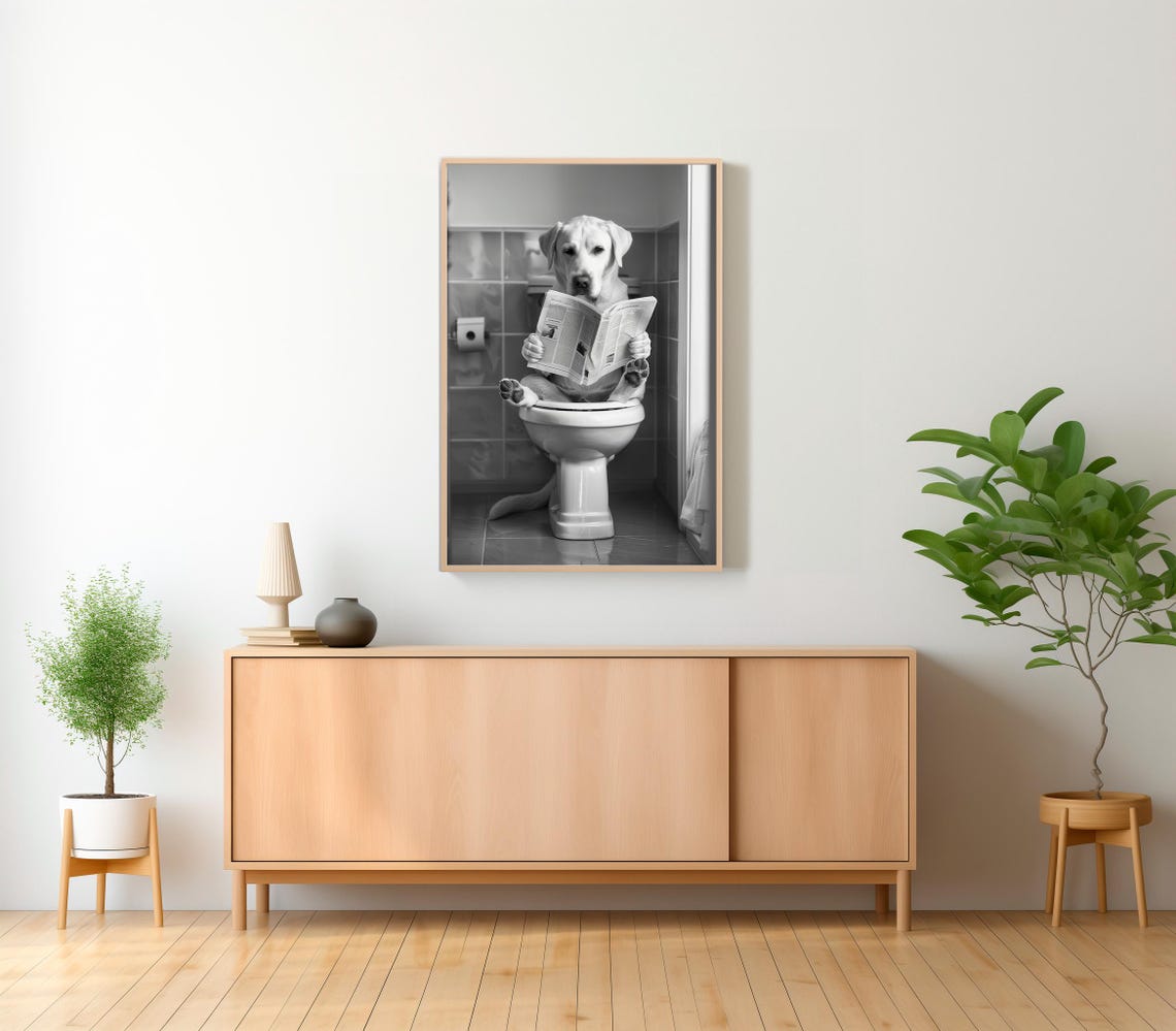 Labrador Retriever Reading on Toilet Black and White Funny Poster - Image 2