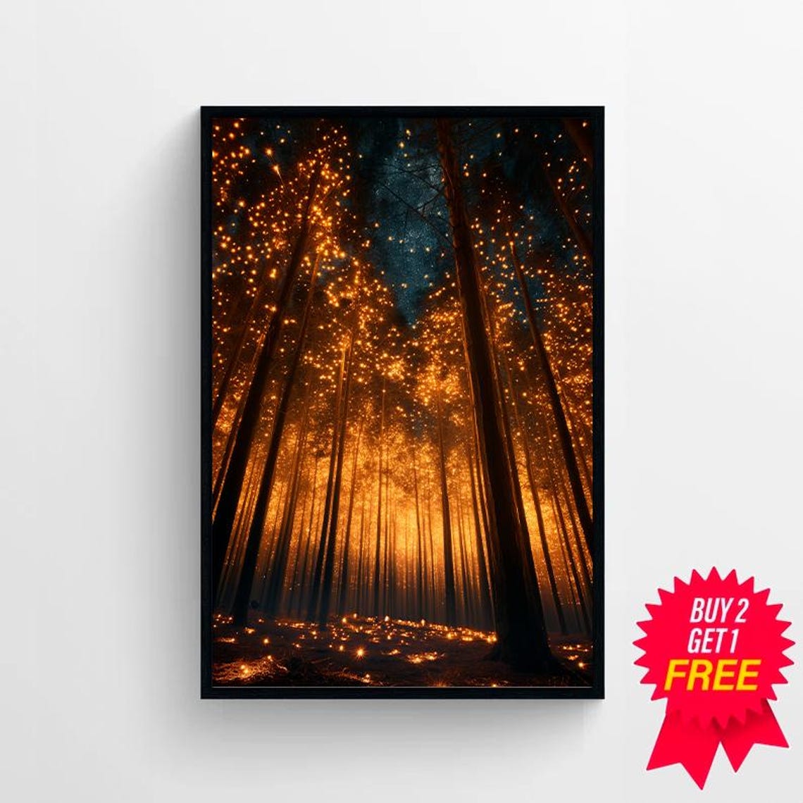 Magical Forest Wall Art Print Dark Maximalist Art Print Enchanted Fireflies Decoration Forest Landscape Deco Moody Botanical Canvasr - Image 4