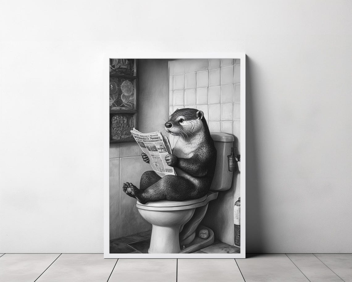 Funny Otter Reading Newspaper On Toilet Humorous Bathroom Poster - Image 3