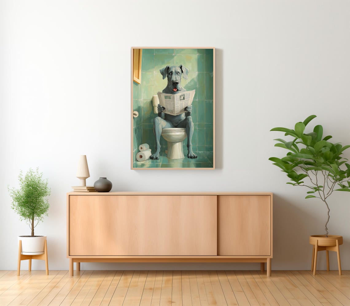 Blue Great Dane Reading Newspaper On A Toilet Funny Dog Poster - Image 2