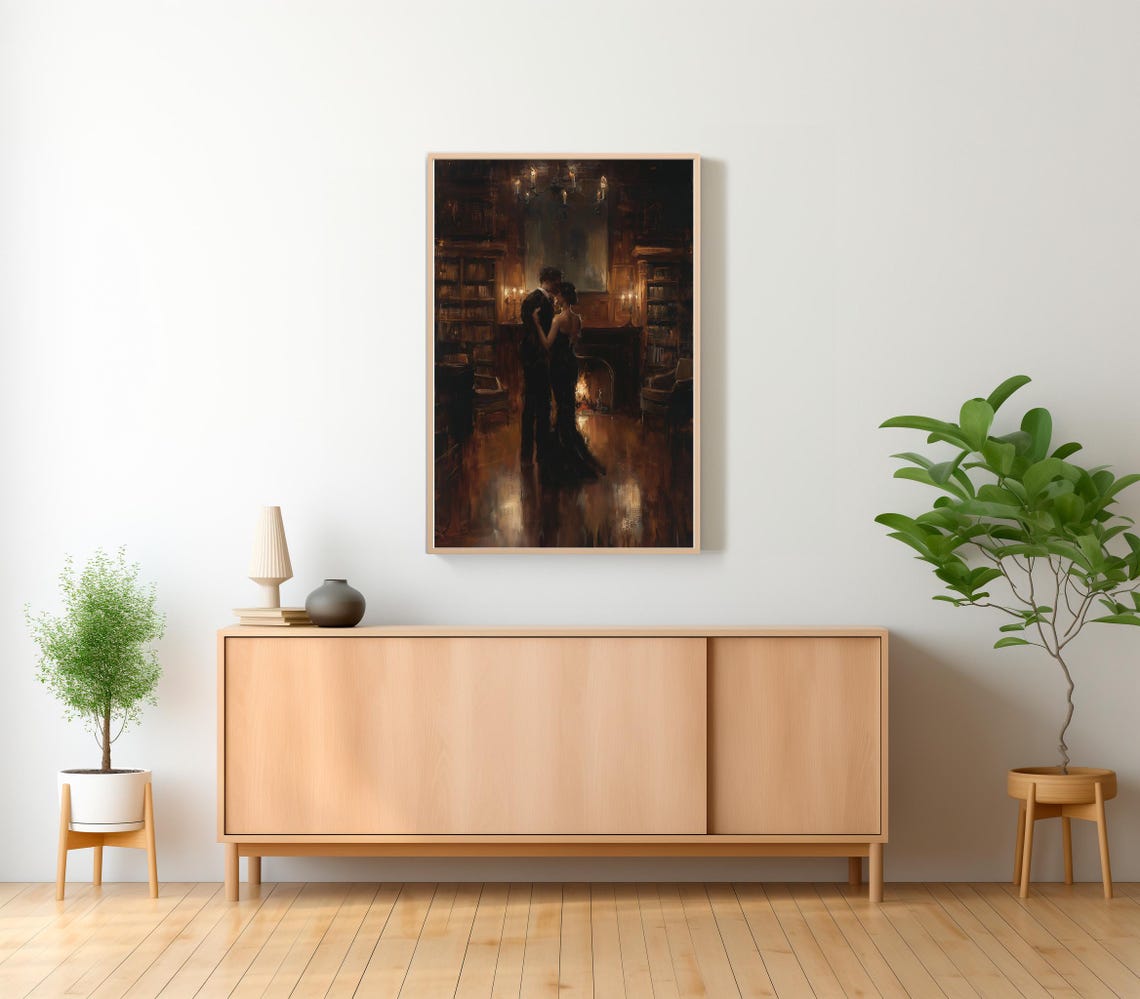 Lovers In Library Art Painting Couple Art Dark Academia Print Dark Oil Painting Gothic Decor For Book Lovers Moody Wall Art - Image 2