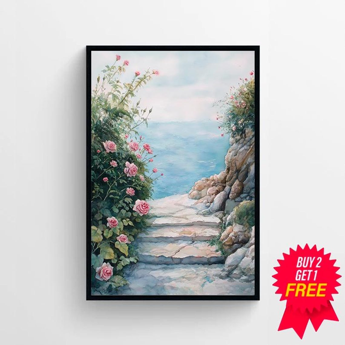 Stone Garden Steps With Pink Roses Overlooking the Sea Poster - Image 4