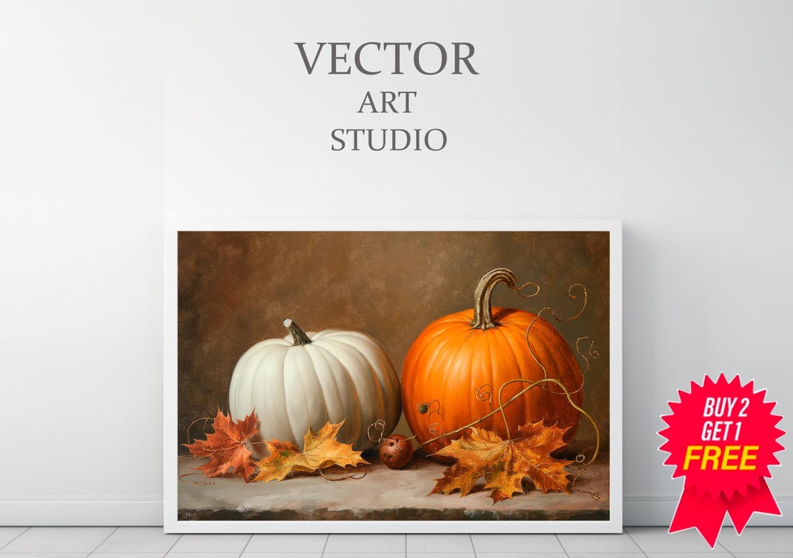 White And Orange Pumpkin With Curly Vines And Leaves Fall Poster - Image 3