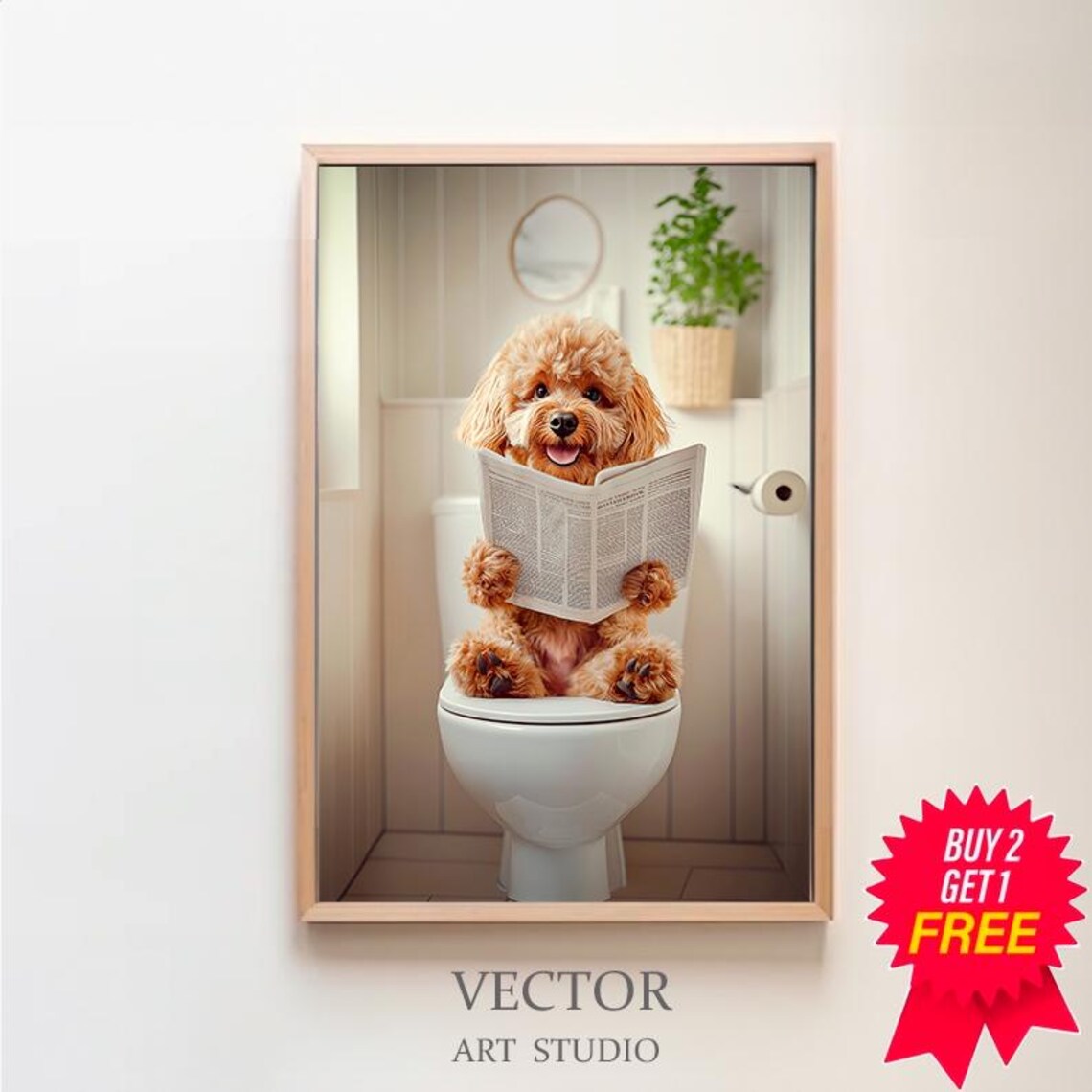 Cavapoo Dog in Toilet, Funny Bathroom Art Print