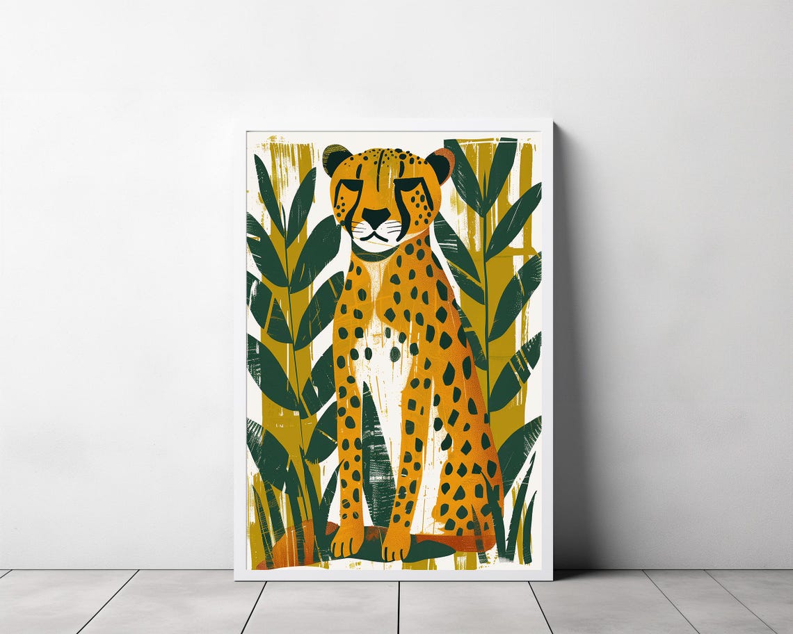 Retro Orange Cheetah Among Tropical Leaves Bold Jungle Art Poster - Image 3