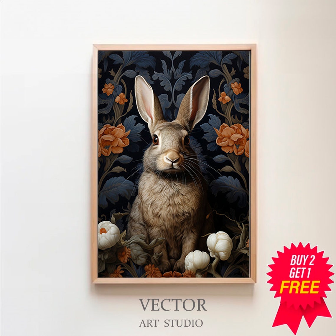 Rabbit Dark Floral Tapestry Orange Blooms Botanical Style Poster