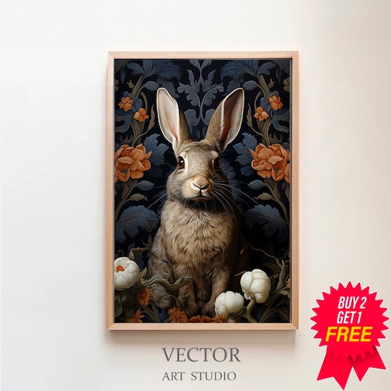 Rabbit Dark Floral Tapestry Orange Blooms Botanical Style Poster