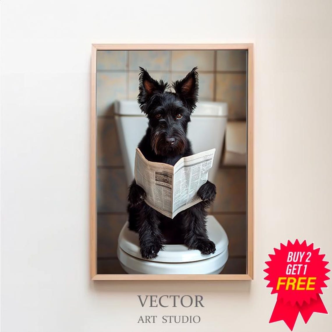 Black Scottish Terrier Sitting on Toilet Reading Paper Funny Poster