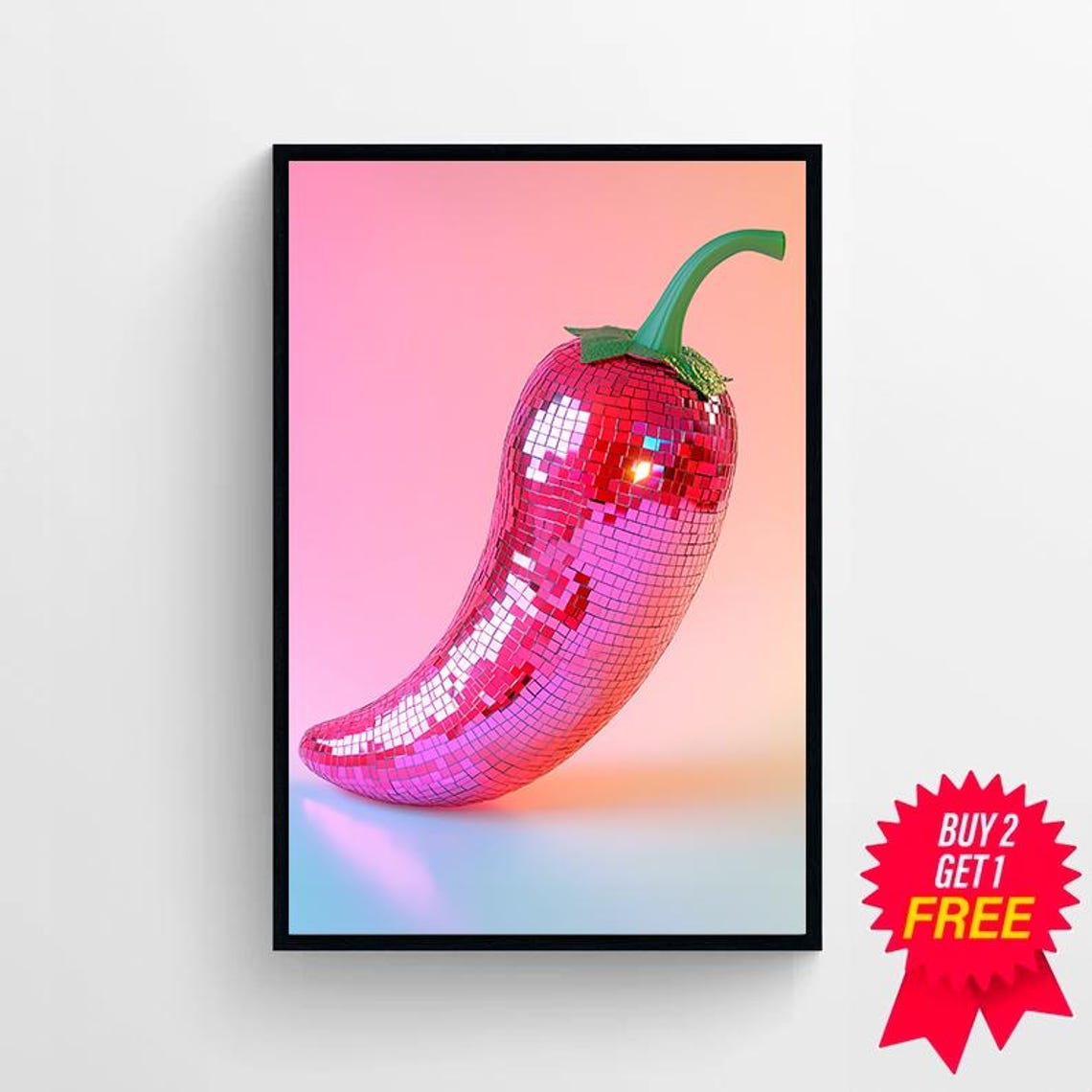 Red Chili Pepper Disco Ball Pink Kitchen Dopamine Art Poster - Image 4