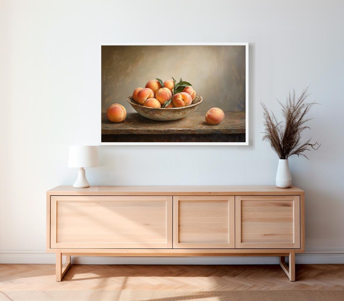 Moody Vintage Fruit Still Life Peaches Oil Painting Collection Tranquil Stillness By Artedya Wall Art - Image 2