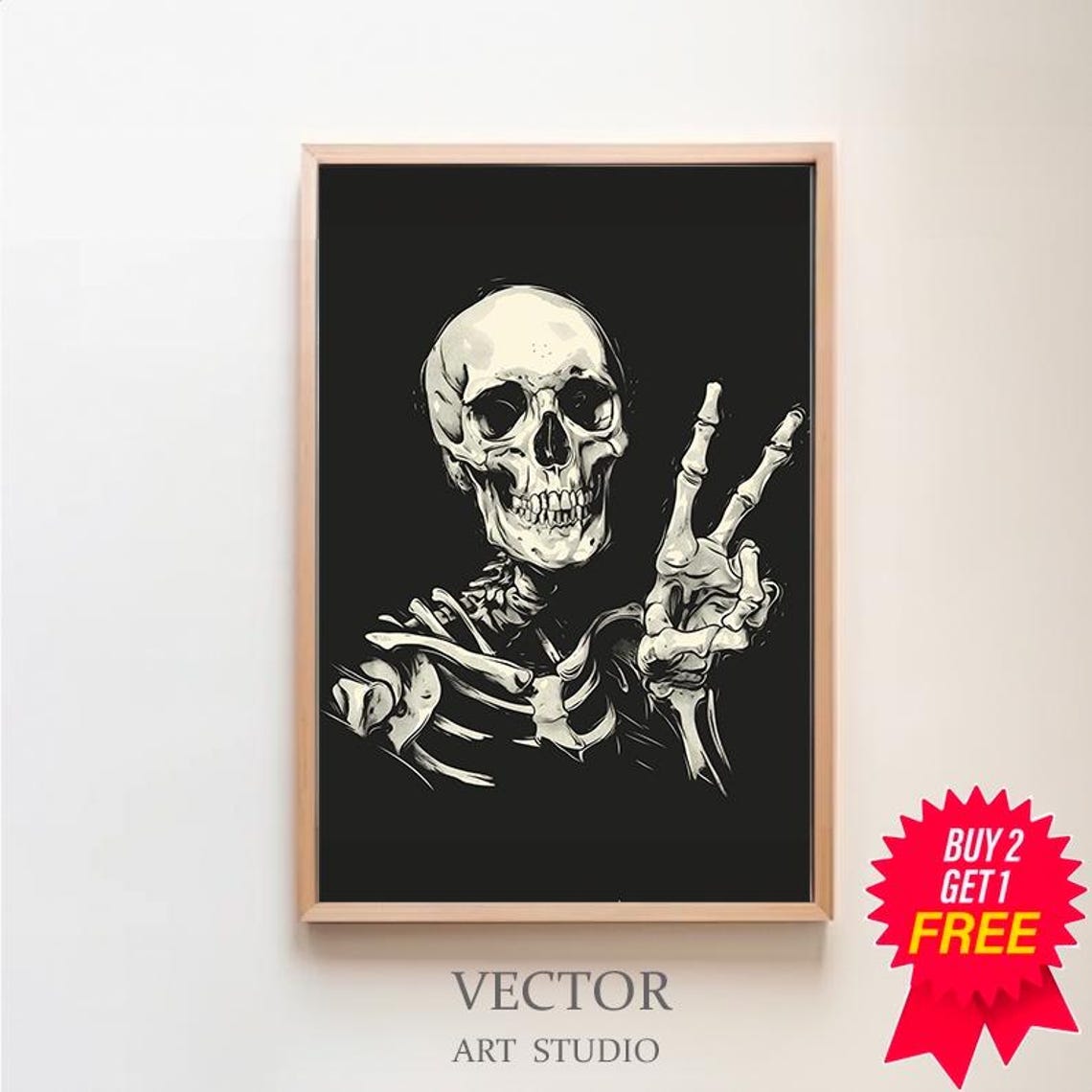 Stylized Skull Flashing a Peace Sign in Bold Ink Illustration Poster