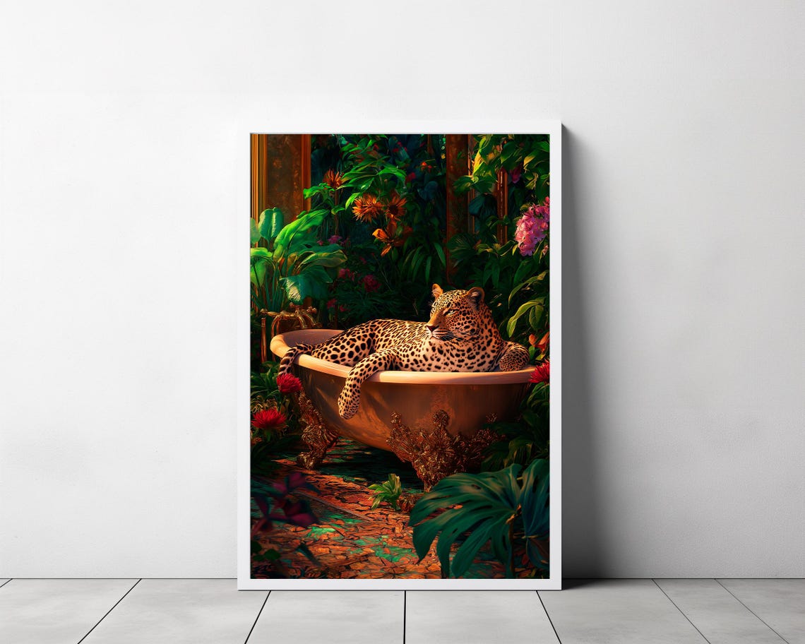 Leopard Lounging in a Golden Bathtub in a Lush Jungle Garden Poster - Image 3