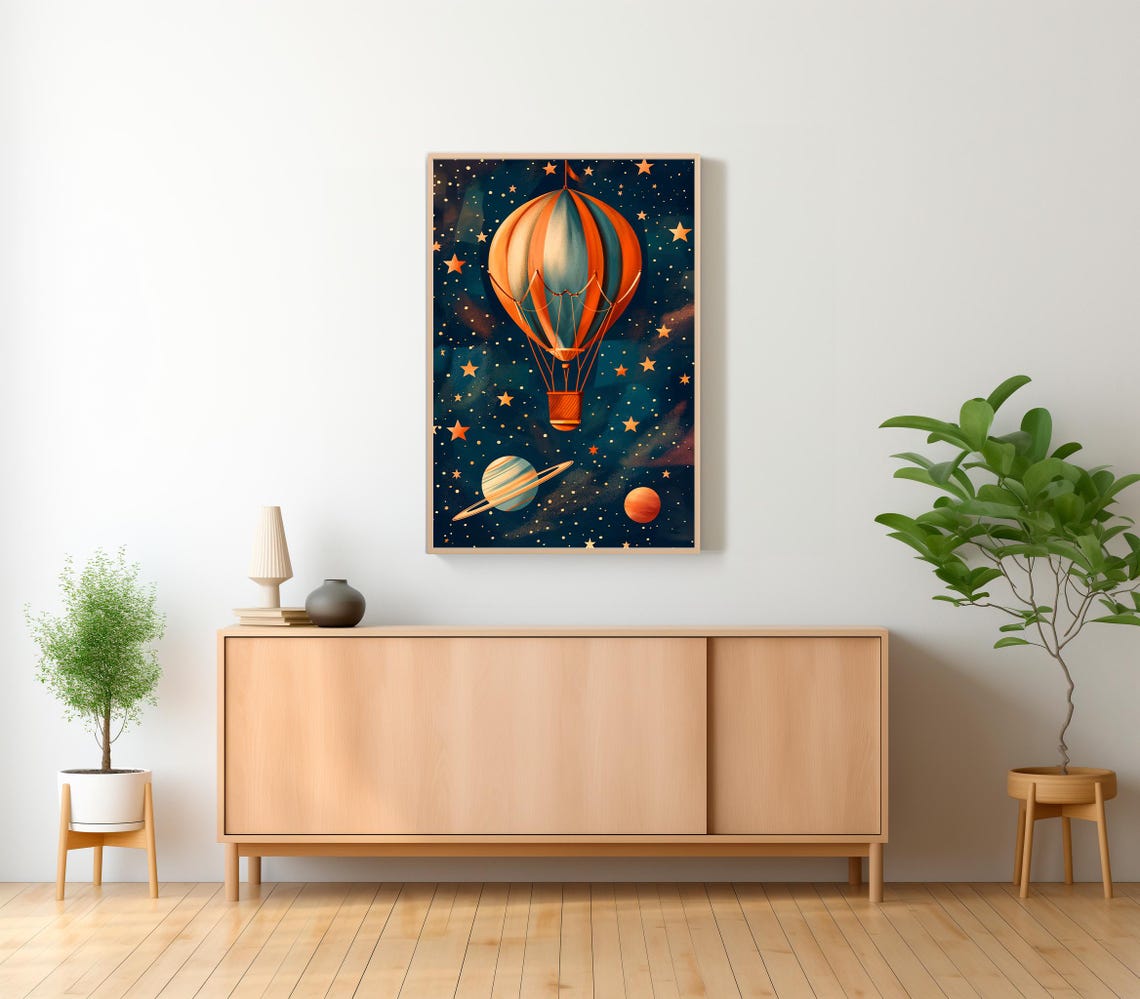 Hot Air Balloon Starry Night Sky Planets Kids Nursery Poster - Image 2
