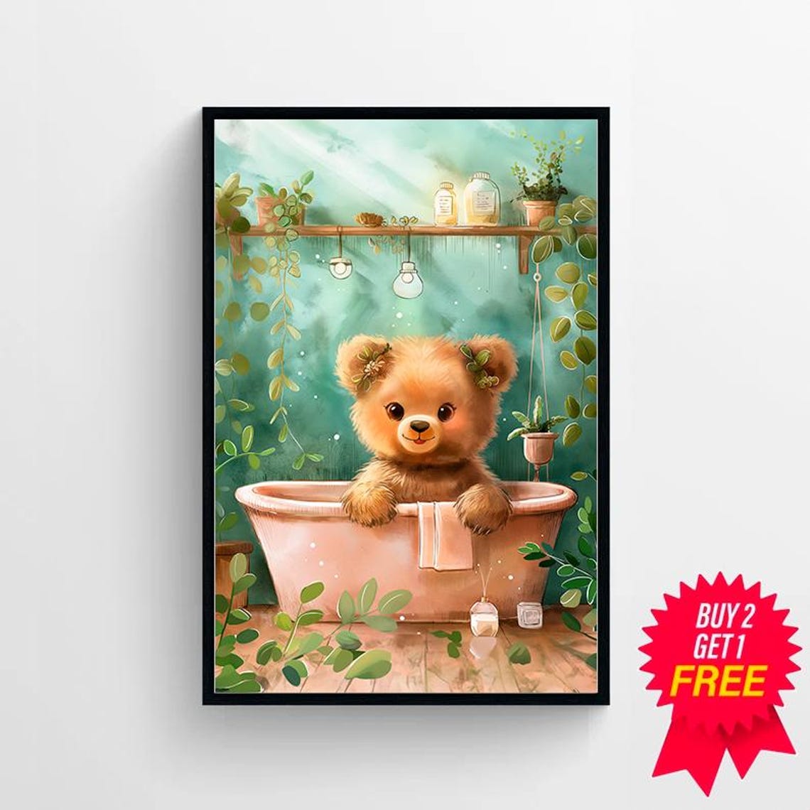 Cute Teddy Bear Cub Enjoying a Spa Bath with Eucalyptus Art Poster - Image 4