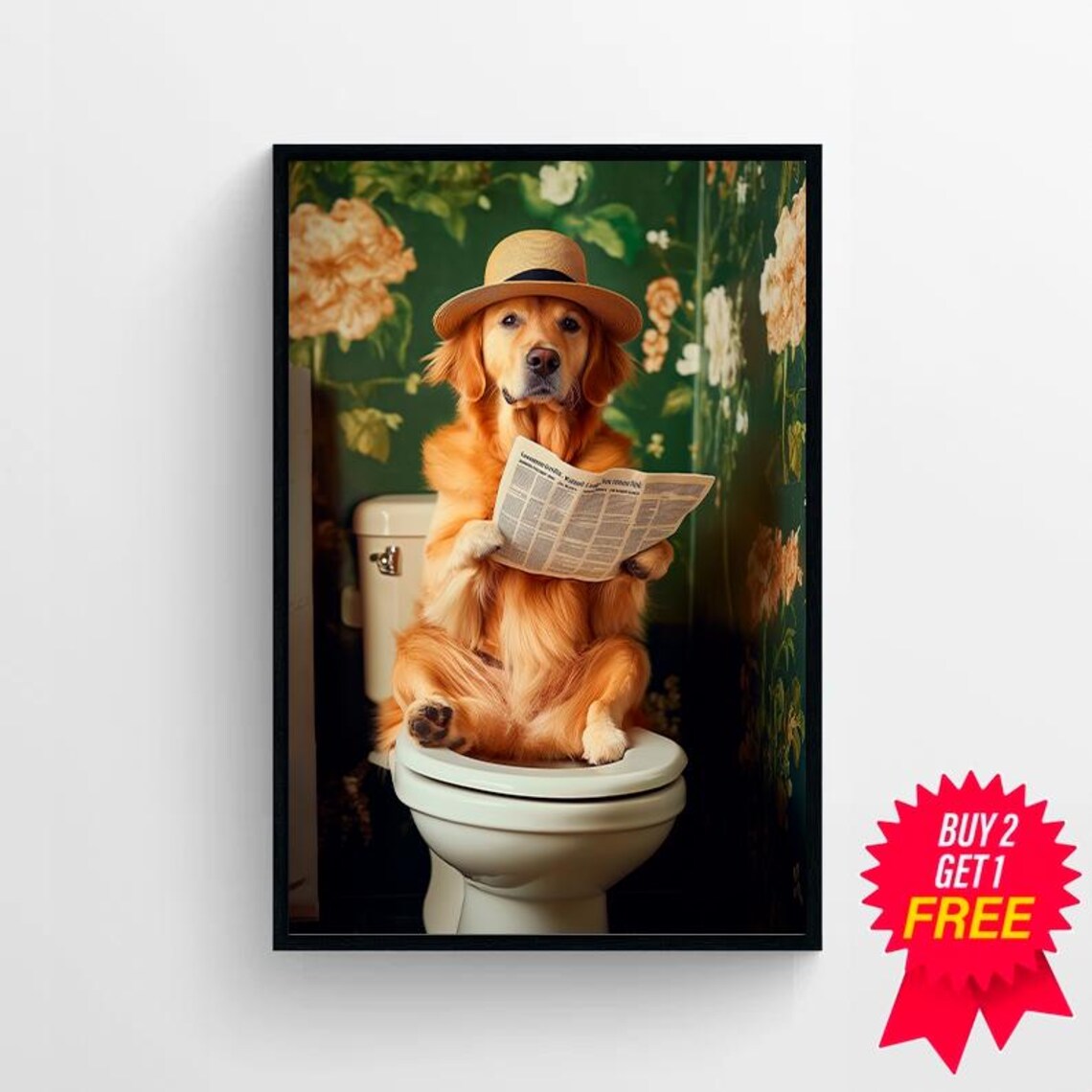 Golden Retriever in Toilet, Funny Bathroom Art Print - Image 4