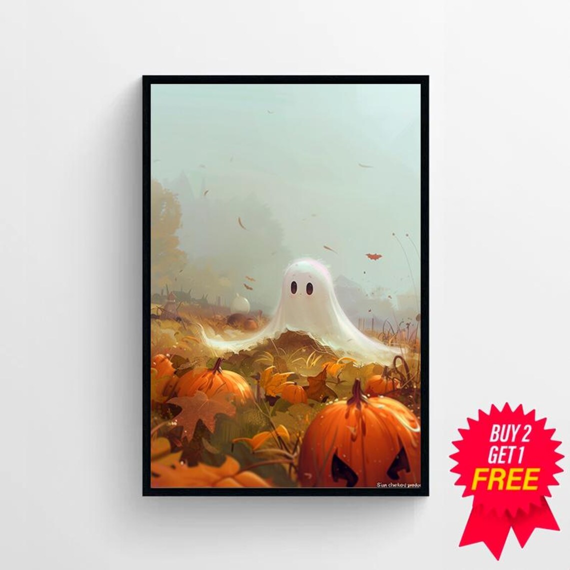 Ghost Floating In Sunlit Pumpkin Field With Grumpy Jack-O-Lantern Poster - Image 4